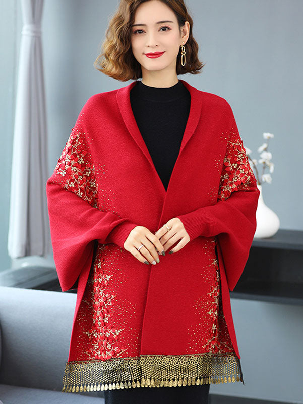 Mothers Winter Wedding Knit Tassels Long Sleeves Wrap Shawl Cape