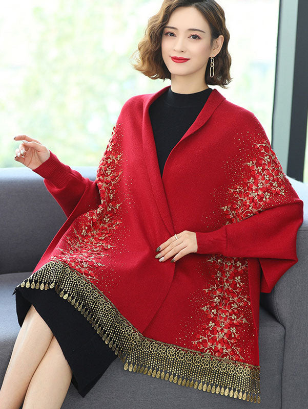 Mothers Winter Wedding Knit Tassels Long Sleeves Wrap Shawl Cape