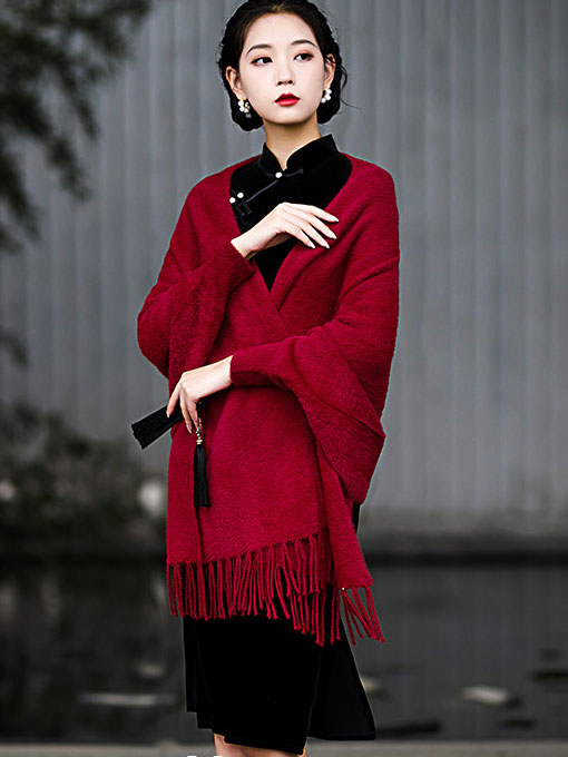 Faux Fur Tassels Long Sleeves Cheongsam Wrap Cape Shawl