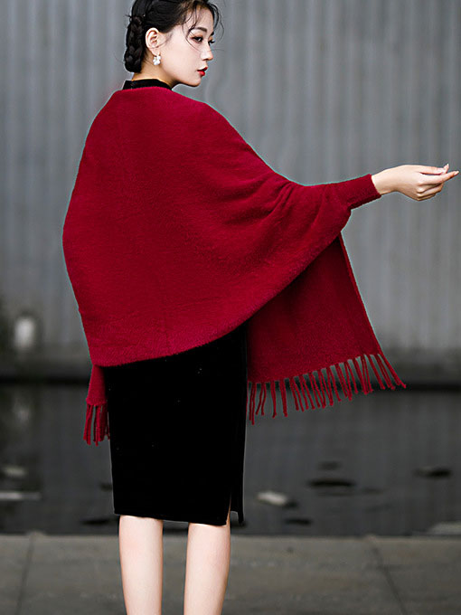 Faux Fur Tassels Long Sleeves Cheongsam Wrap Cape Shawl