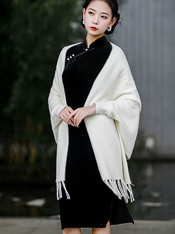 Faux Fur Tassels Long Sleeves Cheongsam Wrap Cape Shawl