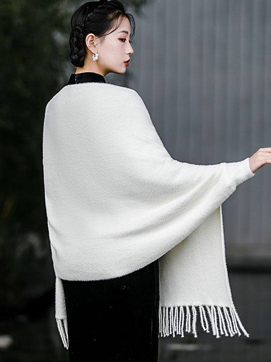 Faux Fur Tassels Long Sleeves Cheongsam Wrap Cape Shawl