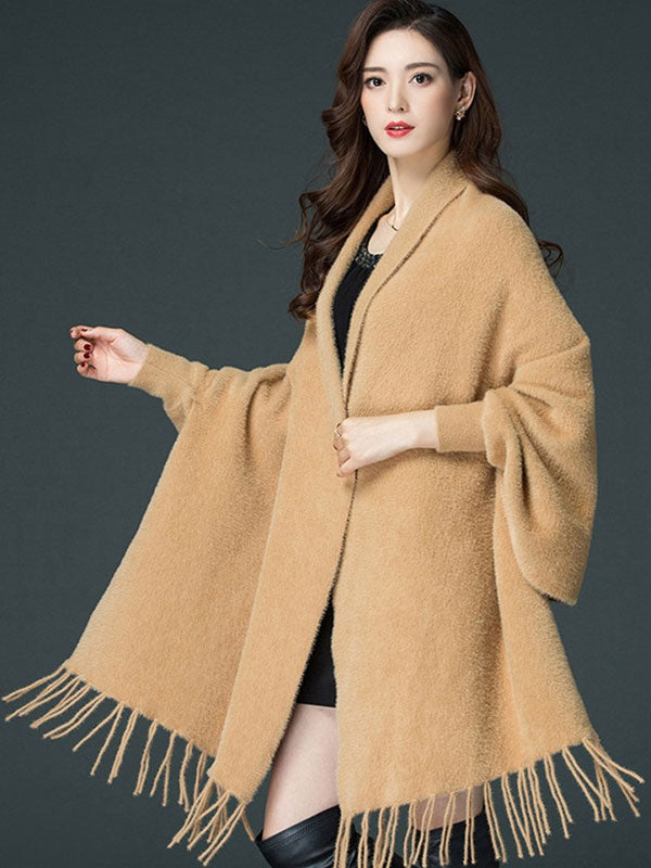 Faux Fur Tassels Long Sleeves Cheongsam Wrap Cape Shawl