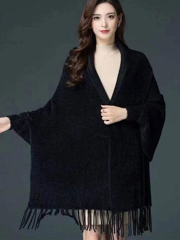 Faux Fur Tassels Long Sleeves Cheongsam Wrap Cape Shawl