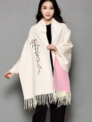 Mothers Embroidered Long Sleeves Knit Tassels Wrap Shawl Cape