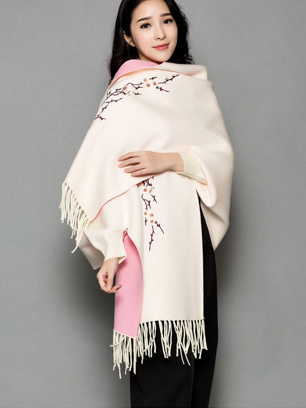 Mothers Embroidered Long Sleeves Knit Tassels Wrap Shawl Cape