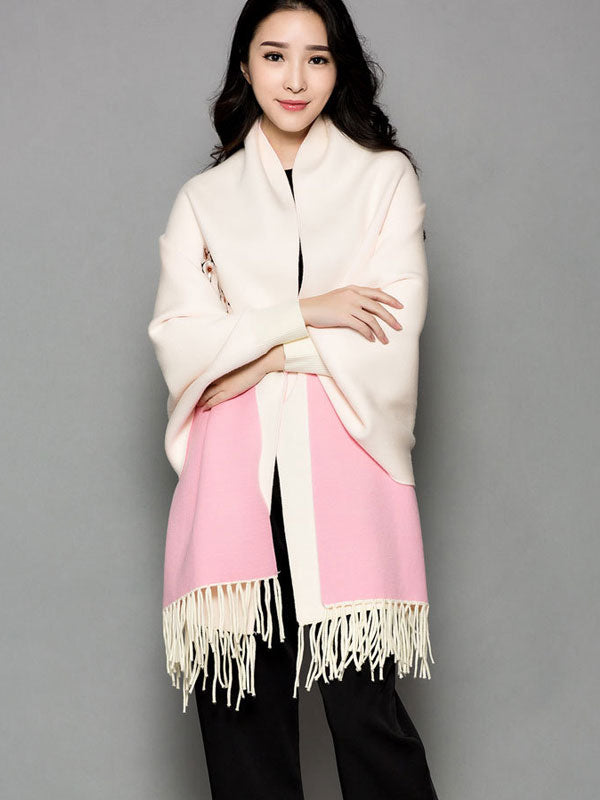 Mothers Embroidered Long Sleeves Knit Tassels Wrap Shawl Cape
