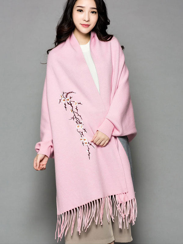 Mothers Embroidered Long Sleeves Knit Tassels Wrap Shawl Cape