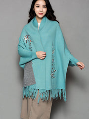 Mothers Embroidered Long Sleeves Knit Tassels Wrap Shawl Cape