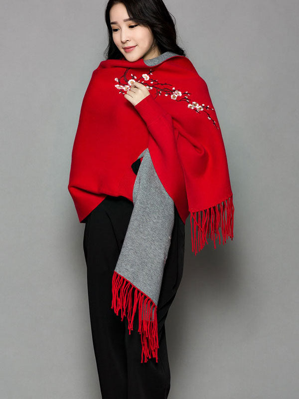 Mothers Embroidered Long Sleeves Knit Tassels Wrap Shawl Cape