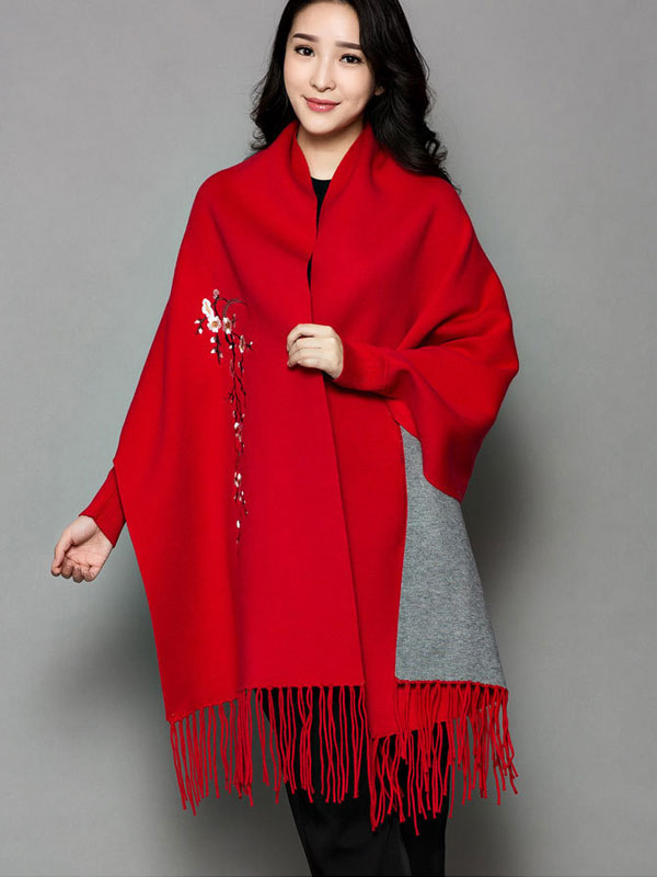 Mothers Embroidered Long Sleeves Knit Tassels Wrap Shawl Cape