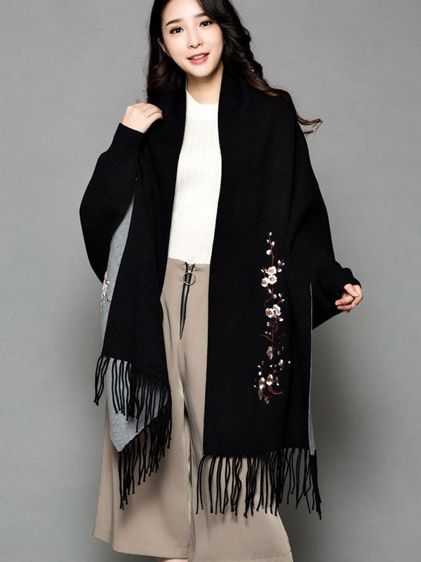Mothers Embroidered Long Sleeves Knit Tassels Wrap Shawl Cape