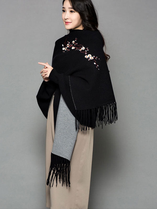 Mothers Embroidered Long Sleeves Knit Tassels Wrap Shawl Cape