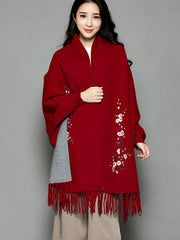 Mothers Embroidered Long Sleeves Knit Tassels Wrap Shawl Cape
