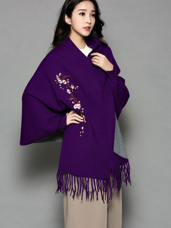 Mothers Embroidered Long Sleeves Knit Tassels Wrap Shawl Cape