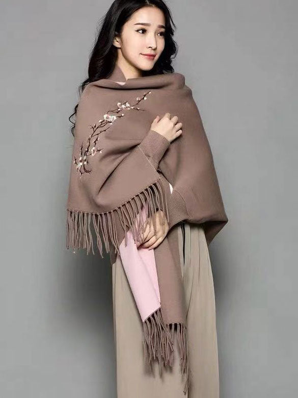 Mothers Embroidered Long Sleeves Knit Tassels Wrap Shawl Cape