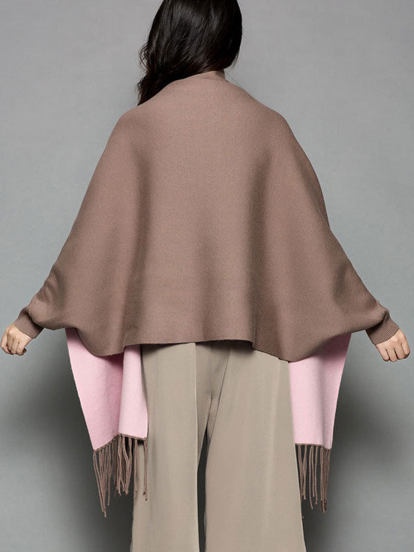 Mothers Embroidered Long Sleeves Knit Tassels Wrap Shawl Cape