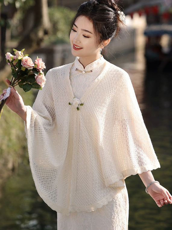 Beige Crochet Knit Cheongsam Wrap Shawl