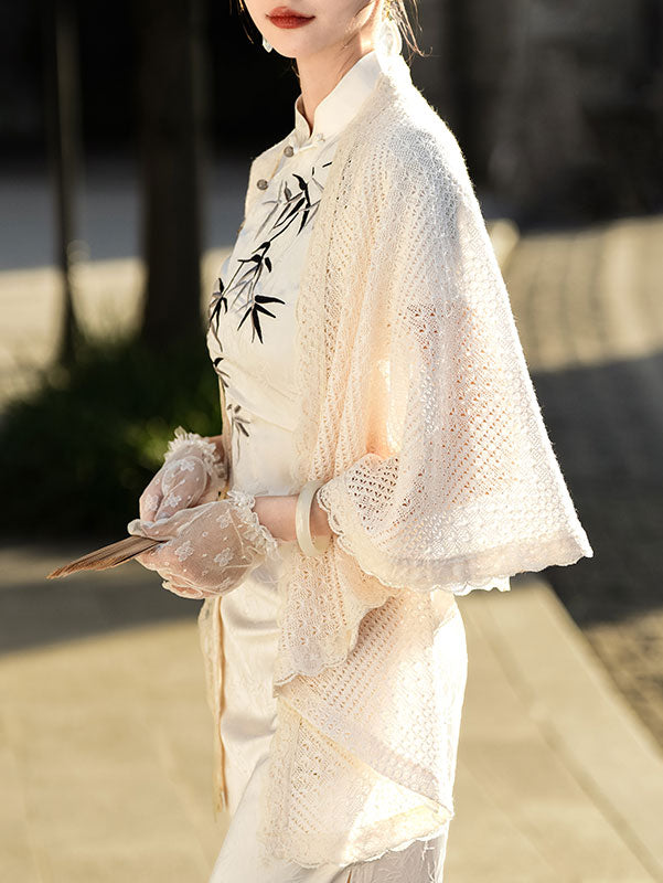 Beige Crochet Knit Cheongsam Wrap Shawl