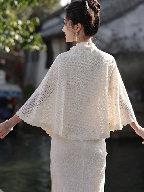 Beige Crochet Knit Cheongsam Wrap Shawl