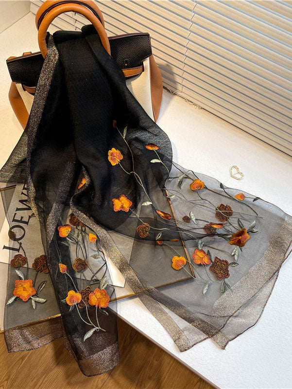 Embroidered Floral Mulberry Silk Women Scarf Shawl