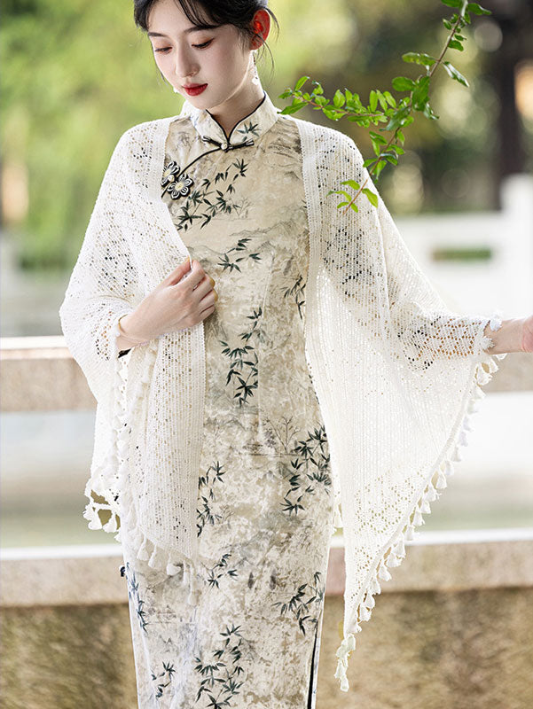 White Crochet Knit Cheongsam Wrap Shawl White Crochet Knit Cheongsam Wrap Shawl