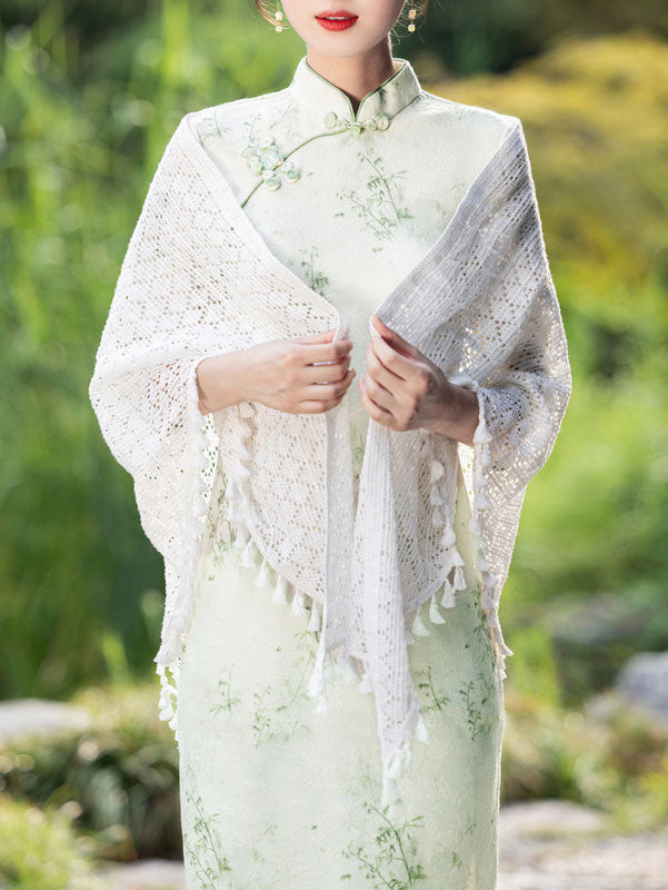 White Crochet Knit Cheongsam Wrap Shawl