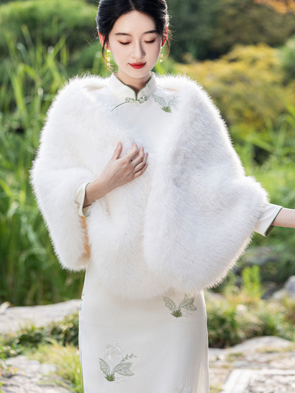 White Burgundy Faux Fur Wrap Shawl -IMALLURE White White Burgundy Faux Fur Wrap Shawl -IMALLURE White
