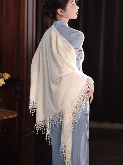 White Knit Tassels Trim Wrap Shawl