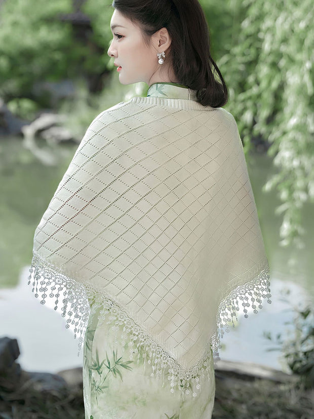 White Knit Tassels Trim Wrap Shawl
