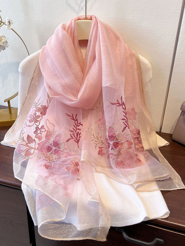 Embroidered Floral Mulberry Silk Women Lightweight Scarf Shawl