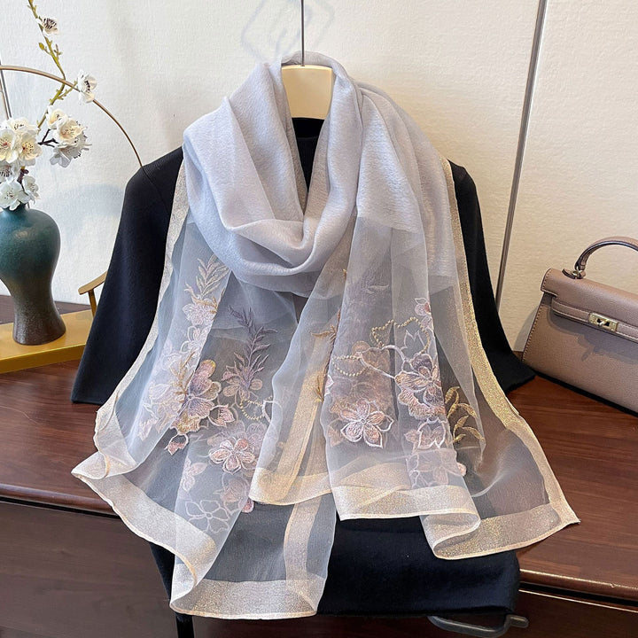 Embroidered Floral Mulberry Silk Women Lightweight Scarf Shawl