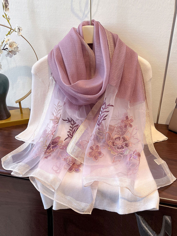 Embroidered Floral Mulberry Silk Women Lightweight Scarf Shawl