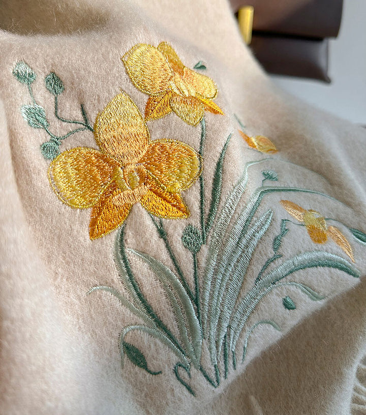Embroidered Floral Cashmere Wool Scarf Shawl