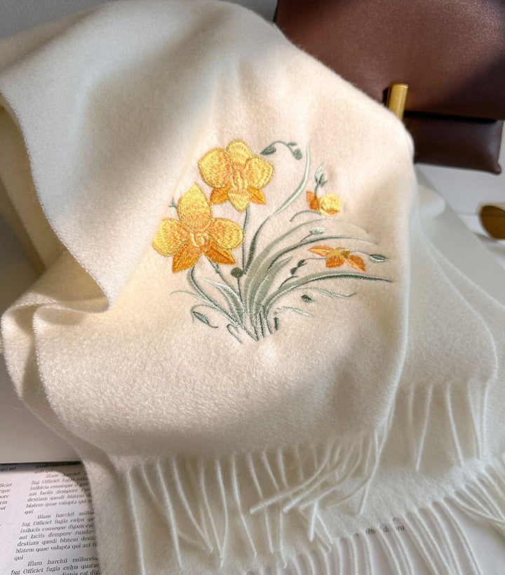 Embroidered Floral Cashmere Wool Scarf Shawl