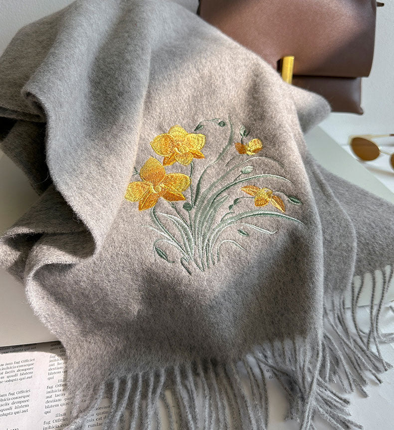 Embroidered Floral Cashmere Wool Scarf Shawl