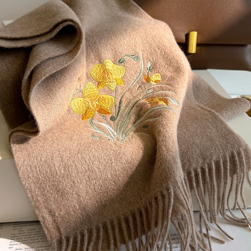Embroidered Floral Cashmere Wool Scarf Shawl