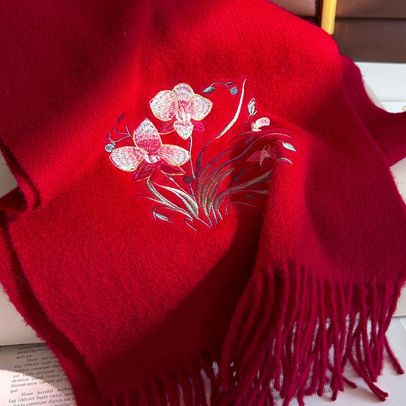Embroidered Floral Cashmere Wool Scarf Shawl