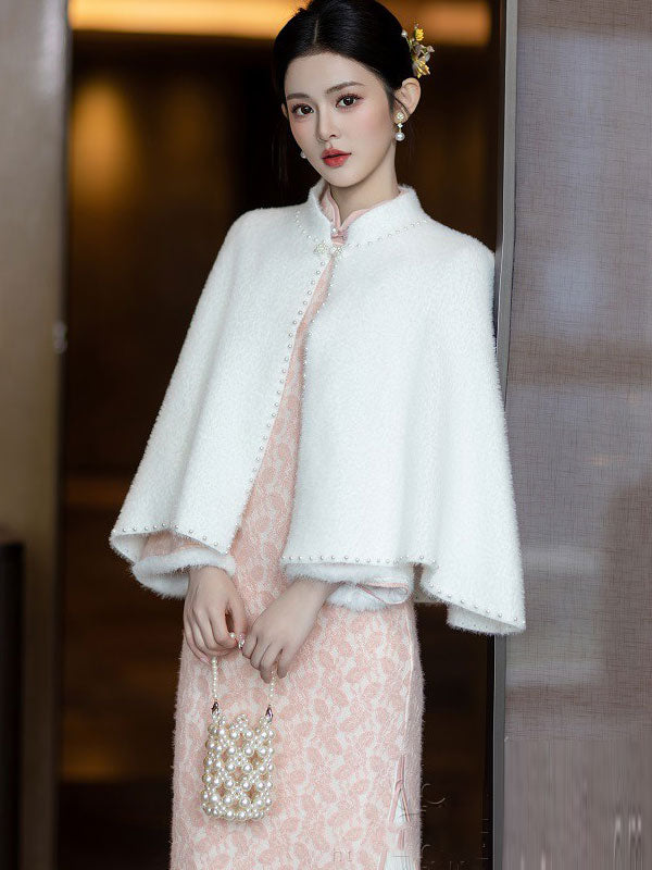 Elegant Faux Fur Cape Bridal Shawl with Beaded Embellishments