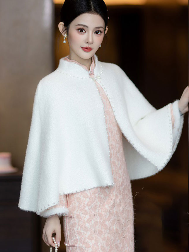 Elegant Faux Fur Cape Bridal Shawl with Beaded Embellishments