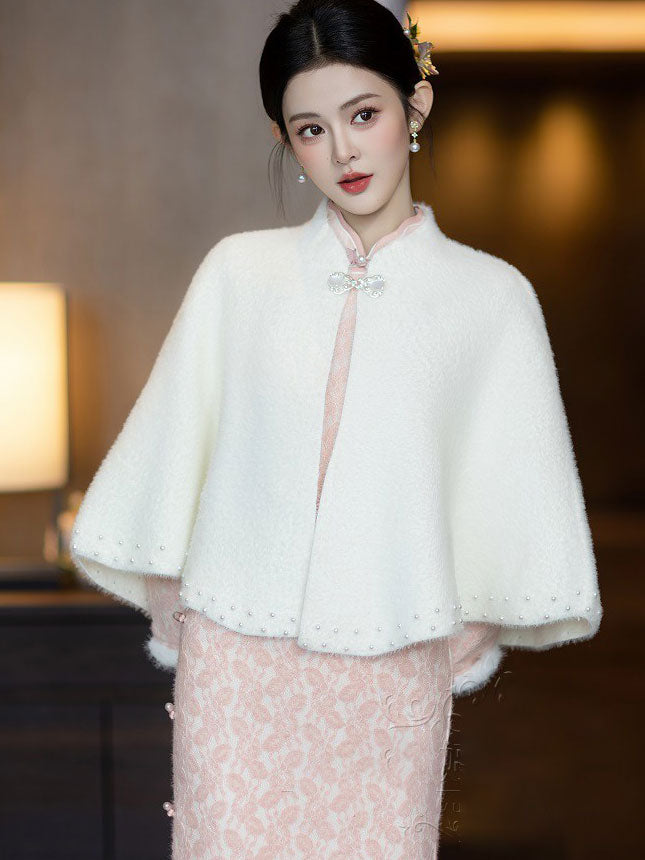 Elegant Faux Fur Cape Bridal Shawl with Beaded Embellishments