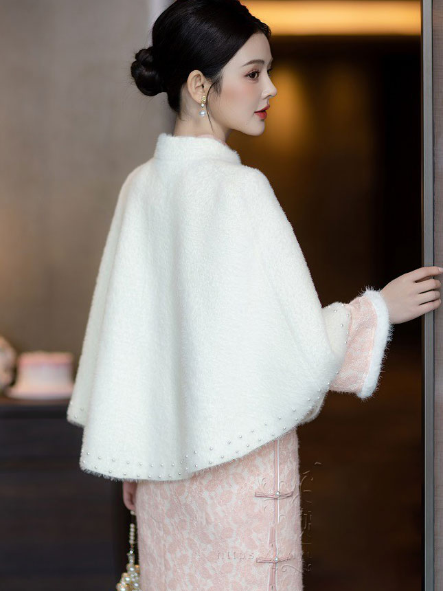 Elegant Faux Fur Cape Bridal Shawl with Beaded Embellishments