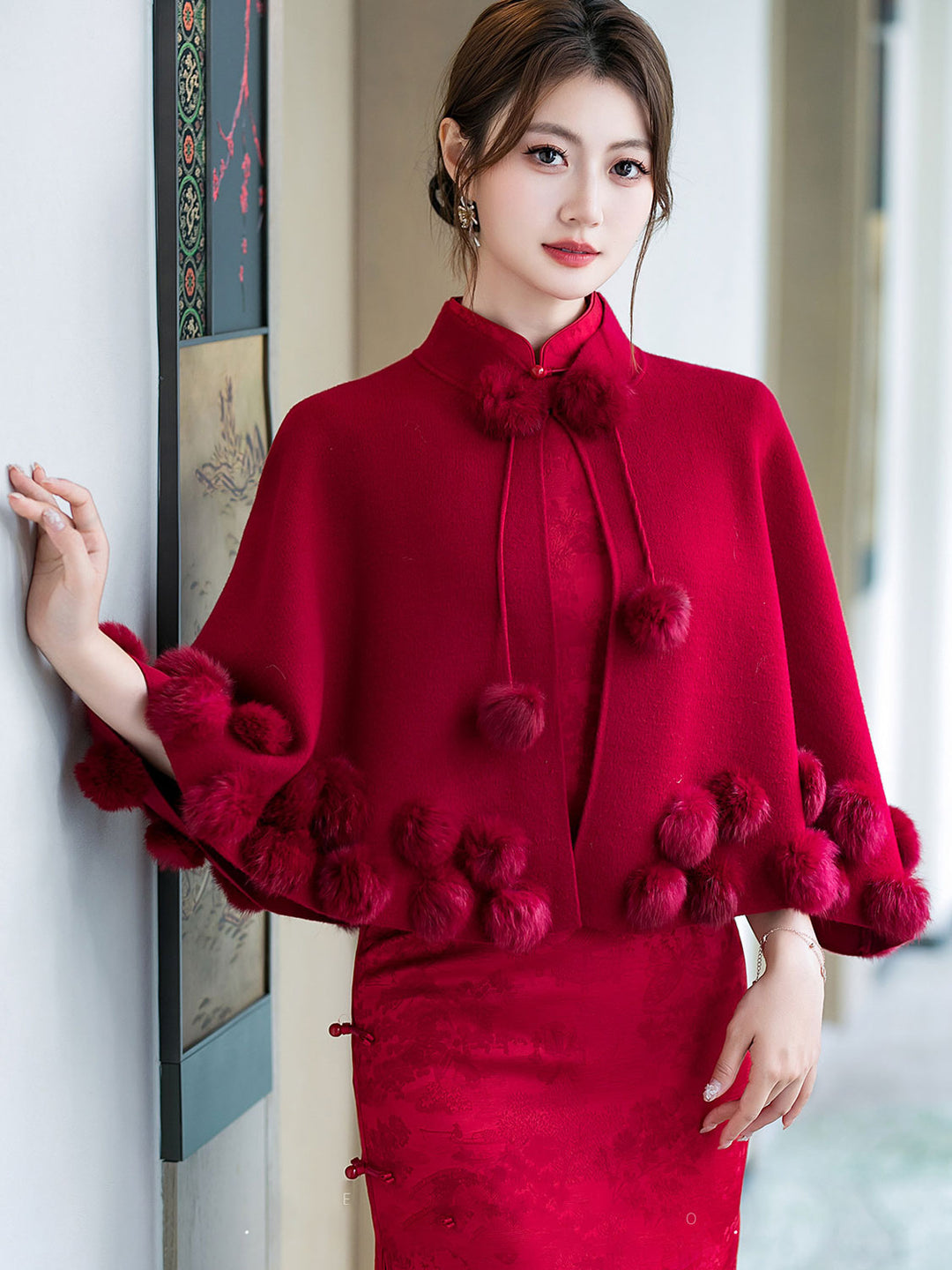 Burgundy Bridal Cape Poncho Shawl with Fluffy Pom-Pom