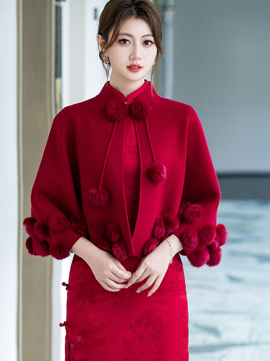 Burgundy Bridal Cape Poncho Shawl with Fluffy Pom-Pom