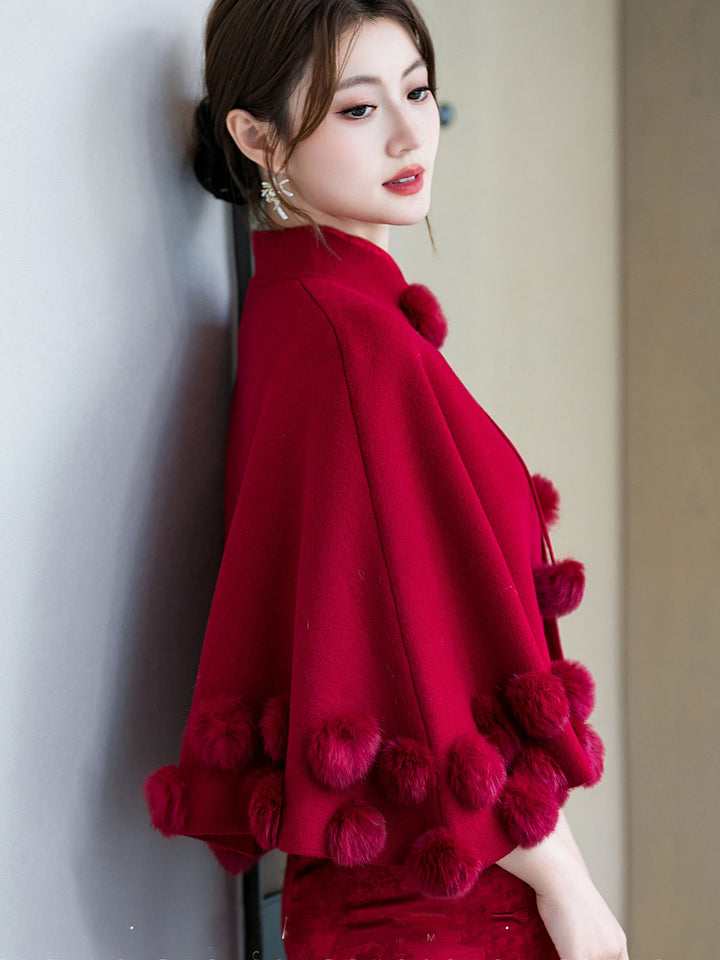 Burgundy Bridal Cape Poncho Shawl with Fluffy Pom-Pom