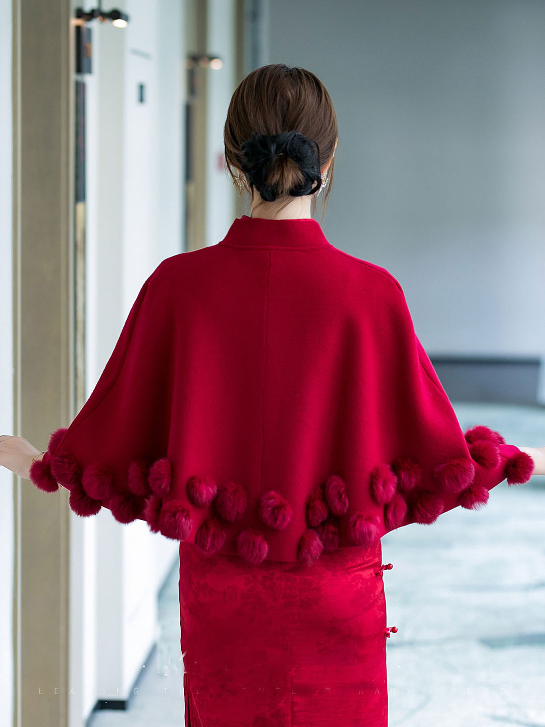 Burgundy Bridal Cape Poncho Shawl with Fluffy Pom-Pom