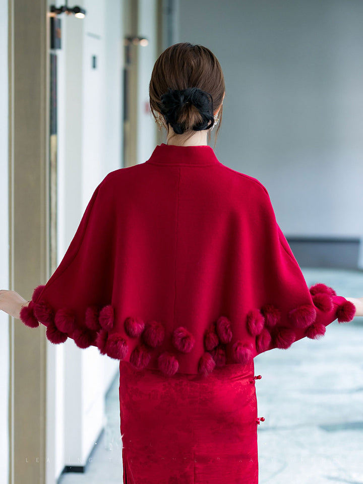 Burgundy Bridal Cape Poncho Shawl with Fluffy Pom-Pom