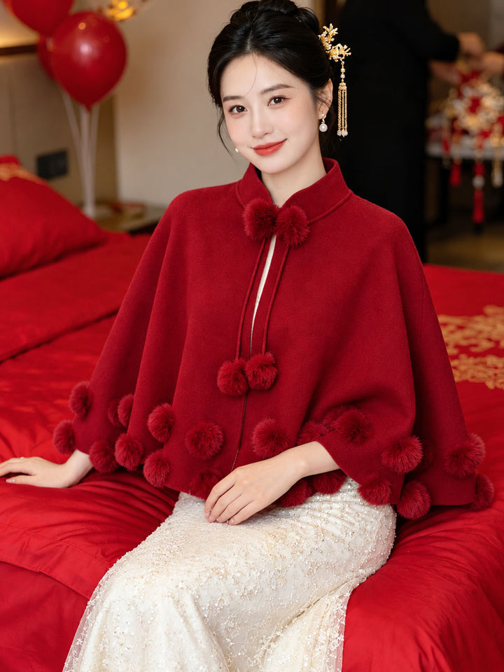 Burgundy Bridal Cape Poncho Shawl with Fluffy Pom-Pom