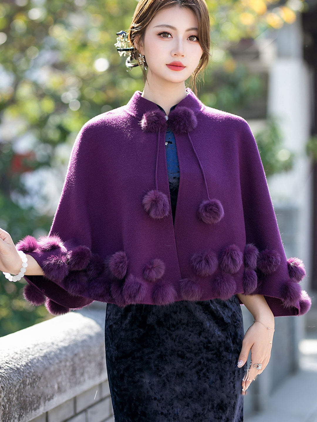 Burgundy Woman Winter Cape Poncho Shawl with Faux Fur Pom Pom