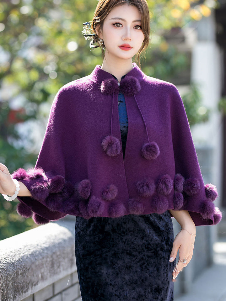 Burgundy Woman Winter Cape Poncho Shawl with Faux Fur Pom Pom